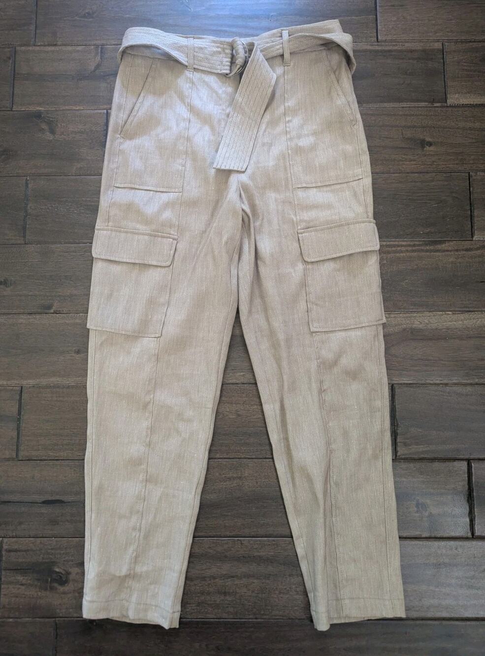 White House Black Market Linen Utility Pants 6 Sahara Twill Belt Tapered Ankle